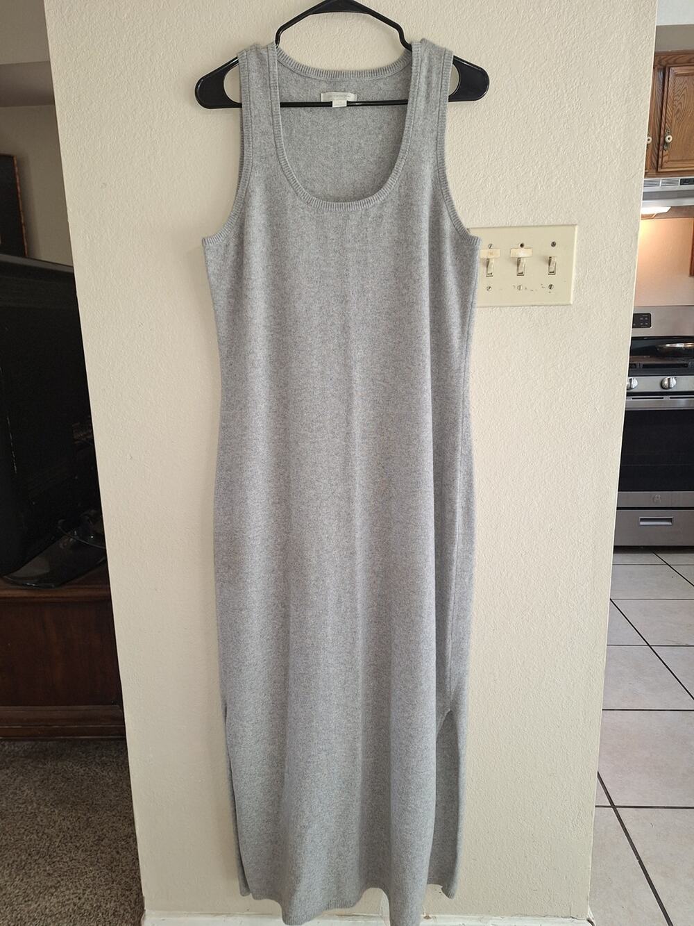 Sleeveless Light Gray Cashmerr Knit Maxi Dress Slit Side SzL